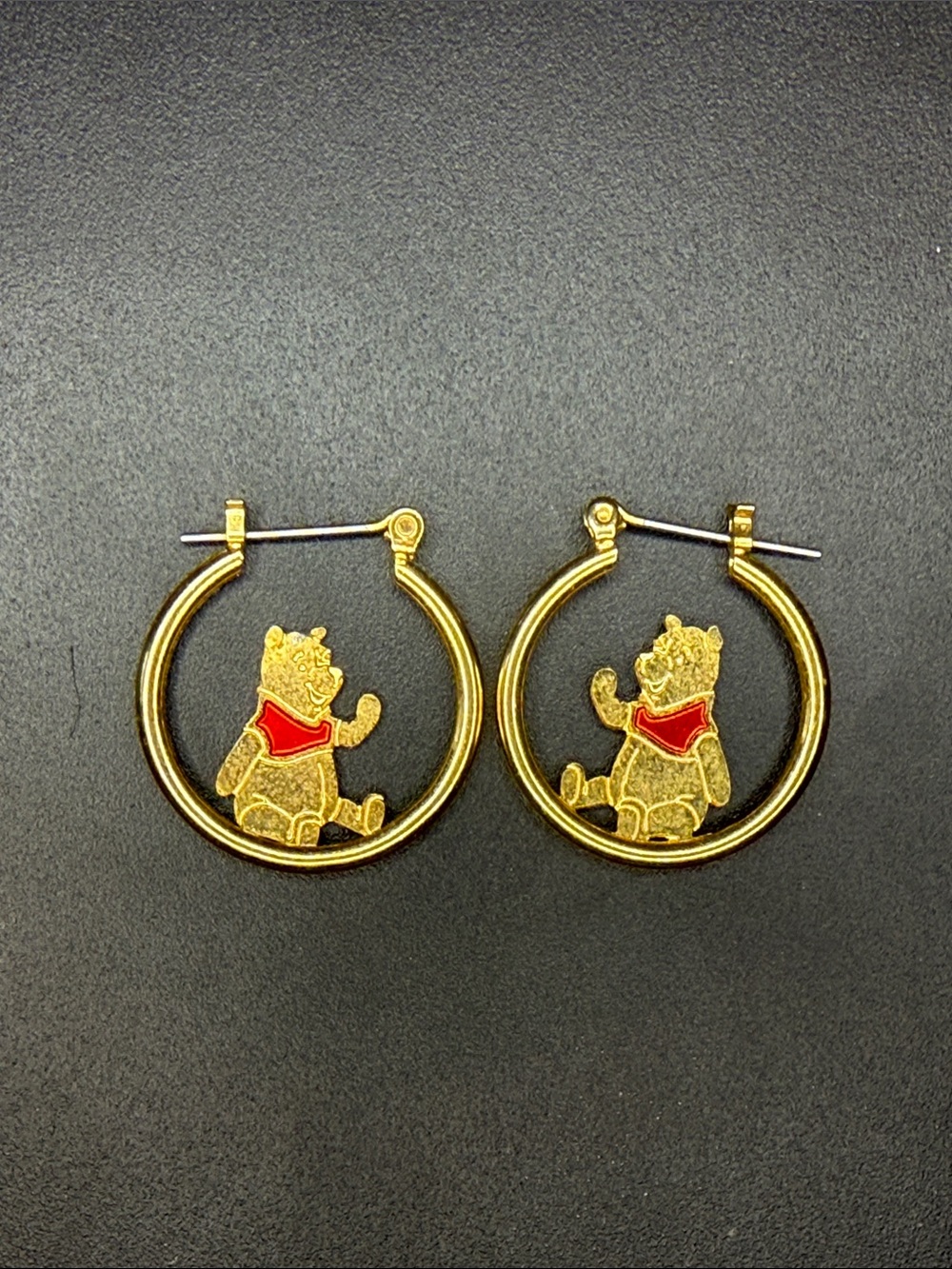 Disney Gold Hoop Earrings with Winnie the Pooh and Red Accents